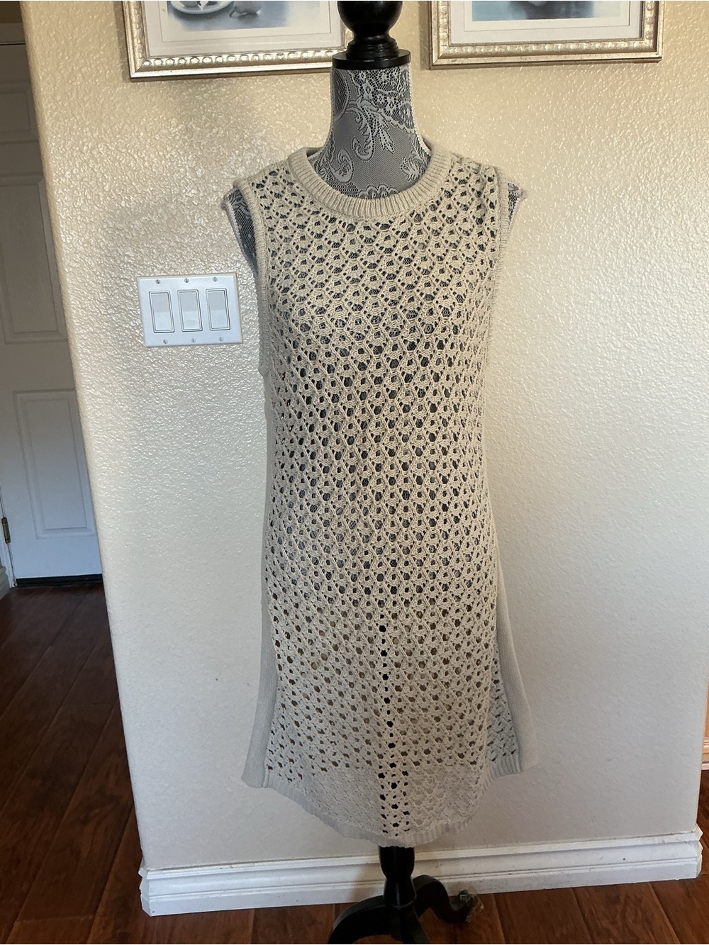 Toccin Taupe Crew Neck Crochet sweater Knit Shift Dress